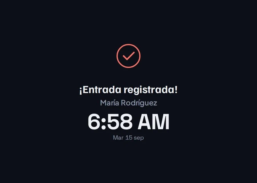 Confirmación: ¡Entrada registrada!, María Rodríguez, 6:58 AM.