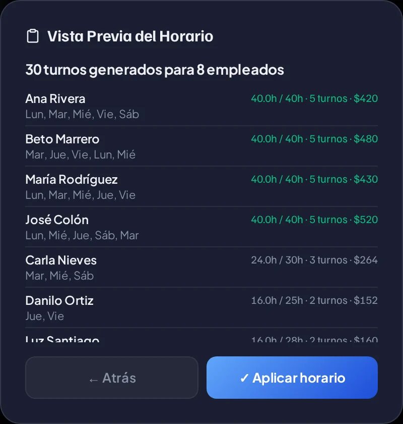 Vista previa del horario: 30 turnos generados para 8 empleados, con las horas y el costo de cada uno, y el botón Aplicar horario.